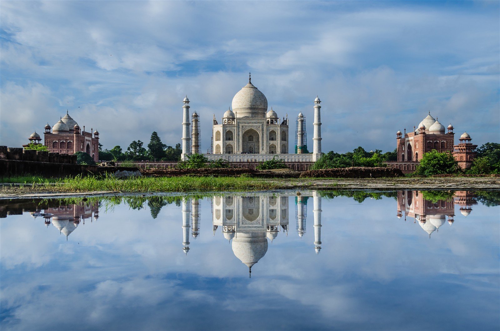 The Taj Mahal reflected in its garden pool in Agra